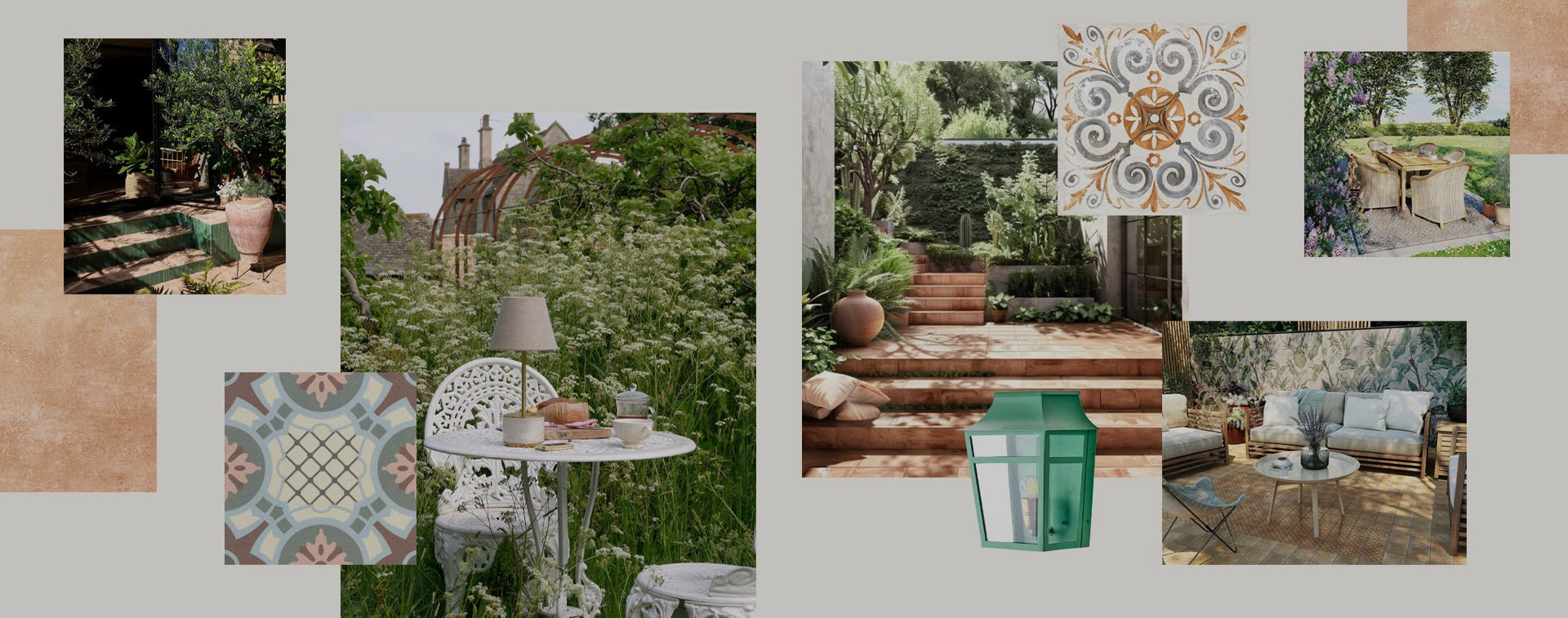 Moodboard image of Baked Tiles outdoor products paired with Pooky lights