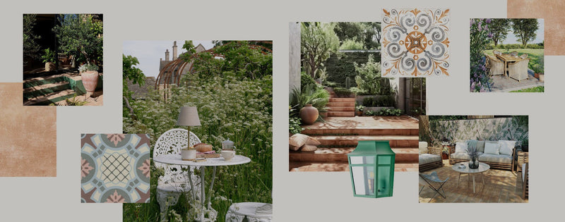 Moodboard image of Baked Tiles outdoor products paired with Pooky lights