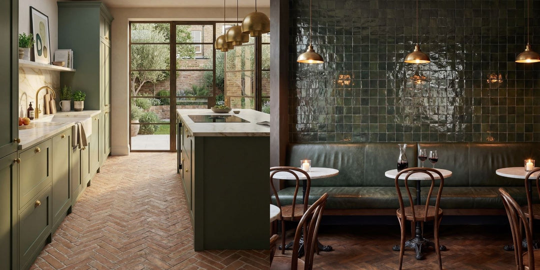 green kitchen with a terracotta herringbone floor beside a green zellige tiled cafe wall