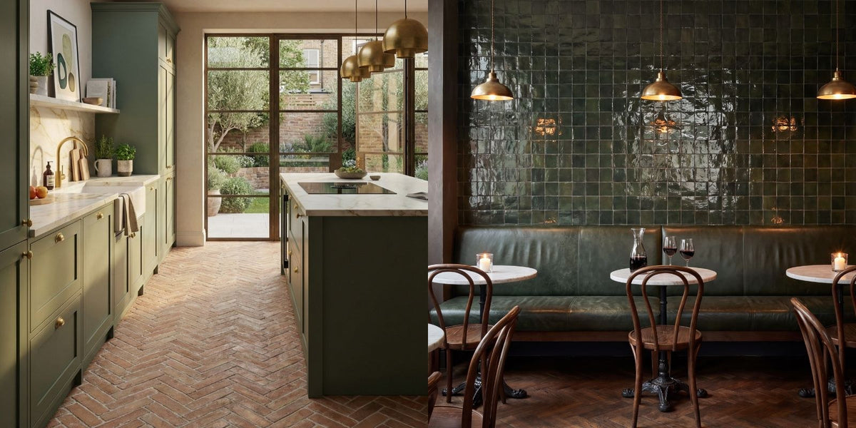 green kitchen with a terracotta herringbone floor beside a green zellige tiled cafe wall