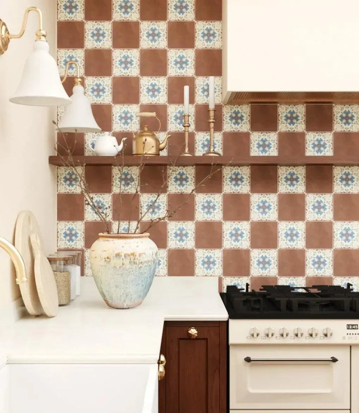 1860-plum-15cm-x-15cm | Copy Of 1860 Queens Square by Baked Tiles featured in a modern kitchen