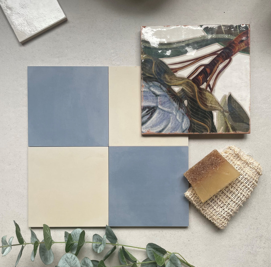 A Moodboard formed of tiles The Baked Tile Company, arranged in a small Checkerboard format, featuring a sample of Baked Tiles' Mural design