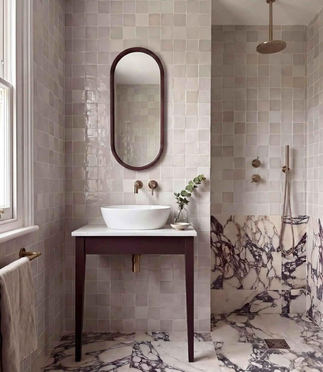 bordeaux marble novo matt 60cm x 60cm journeyman zellige white 10 x 10cm