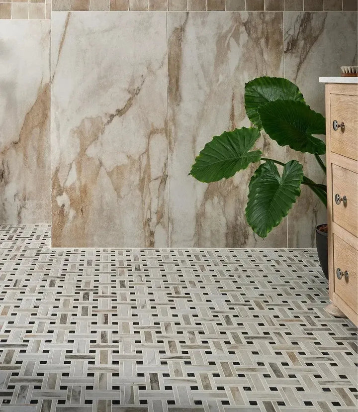 curated-brushed-marble-basketweave-mosaic-oro-31-5cm-x-31-5cm | Curated Brushed Marble Oro 59cm X 119cm by Baked Tiles featured in a luxury bathroom