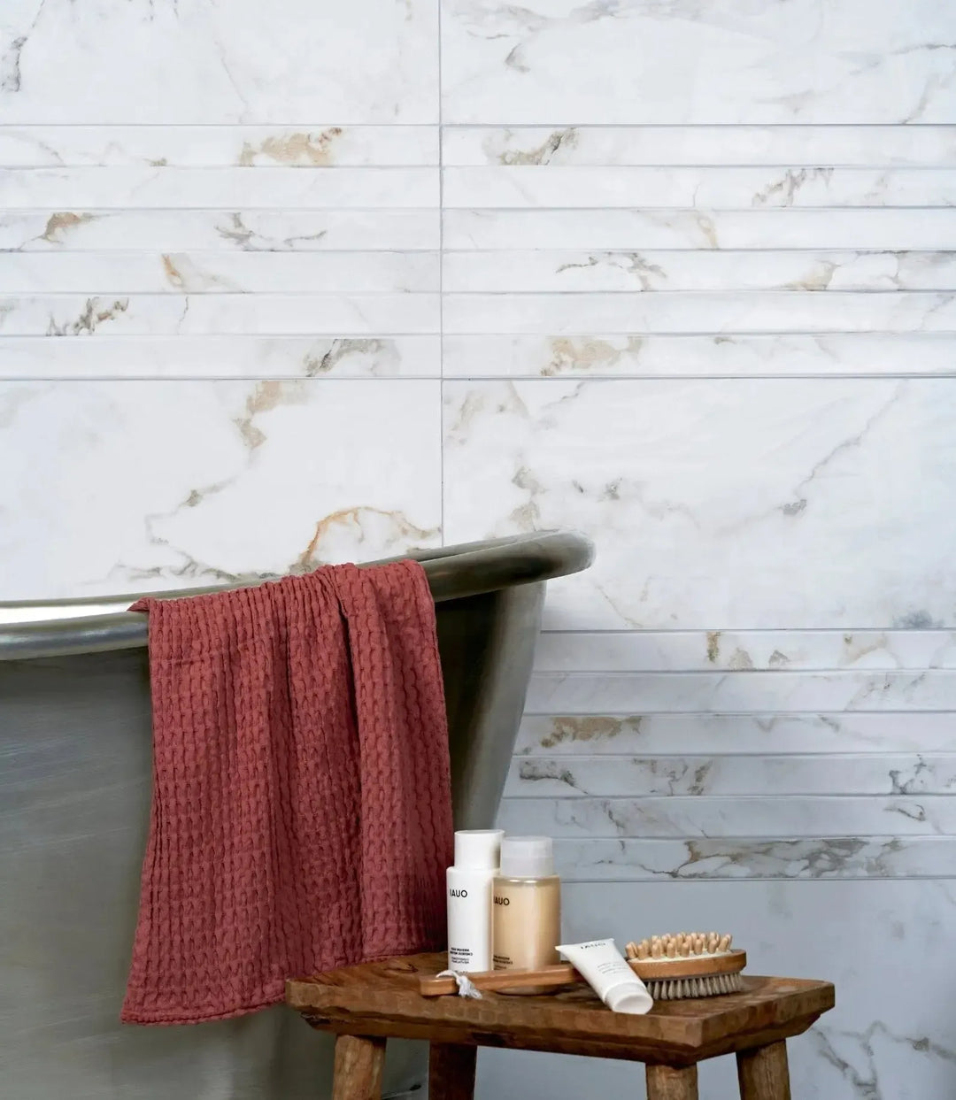  Curated Cadiz Wall Gold 90 X 30cm by Baked Tiles featured in a luxury bathroom