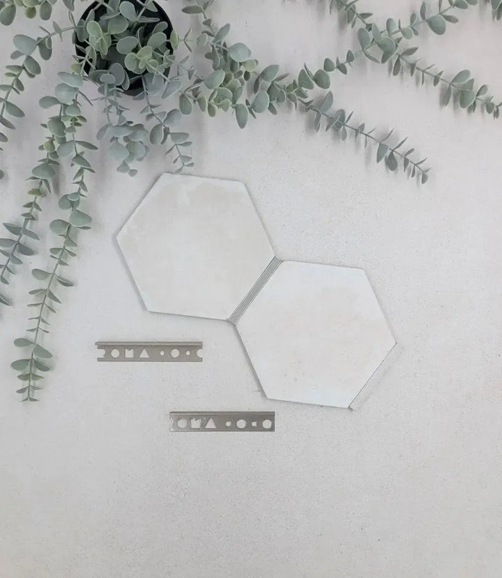 kerakoll-fugabella-color-grout-06-light-grey-3kg, kerakoll-fugabella-color-grout-03-pearl-3kg, 10mm-l-shape-light-grey-tile-trim-2-5m-length, 10mm-l-shape-stainless-steel-champagne-tile-trim-2-5m-length | Baked Tiles