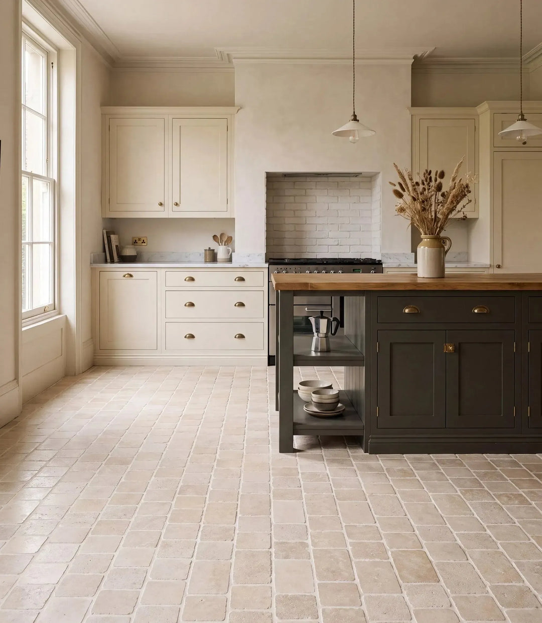 country house cobbles 60cm x 40cm country house prescored cobbles tiles laid across a period kitchen floor with a dark island and oak worktop
