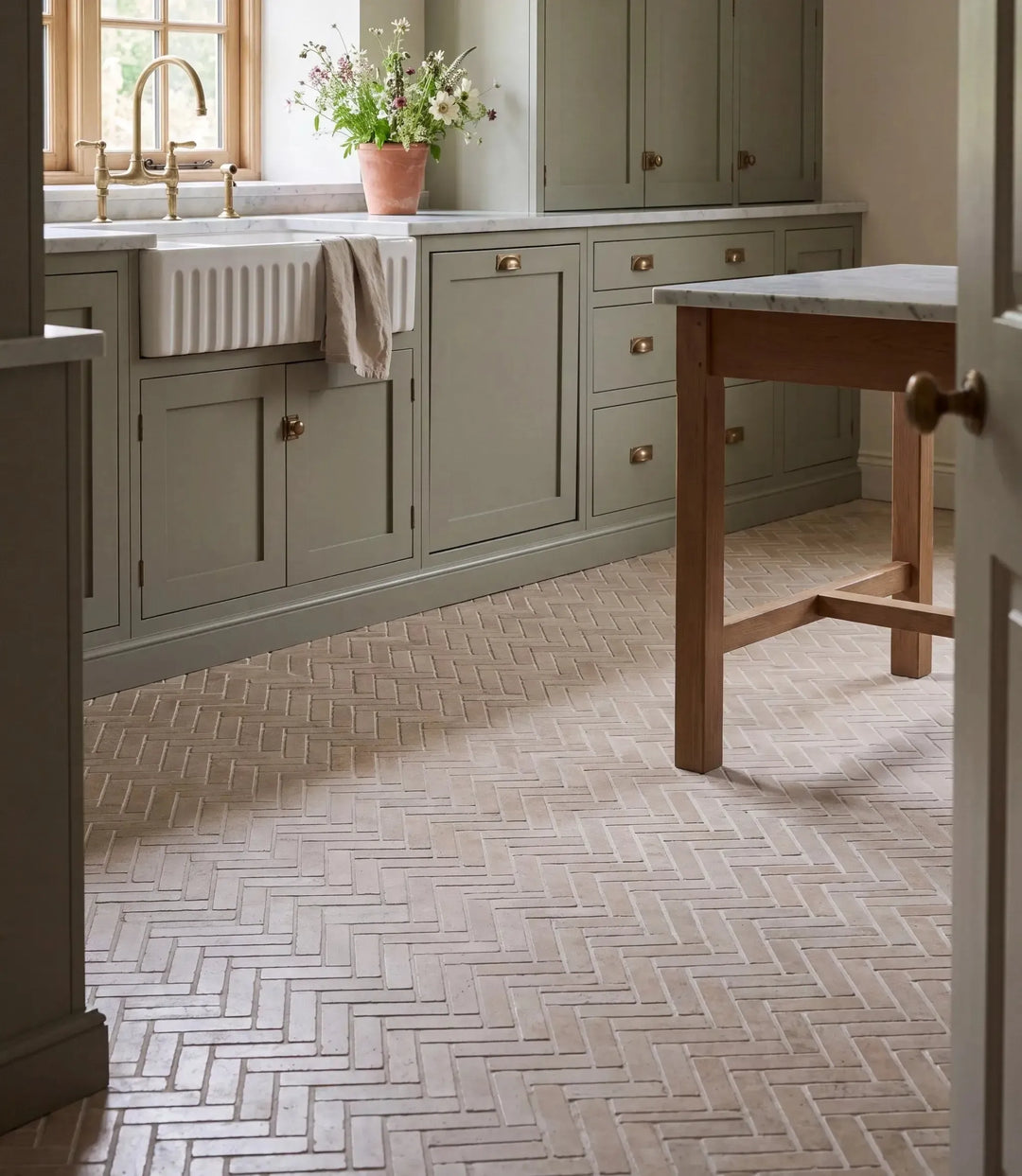 country house herringbone 60cm x 40cm country house prescored herringbone tiles laid as a kitchen floor with sage green cabinetry and a butler sink