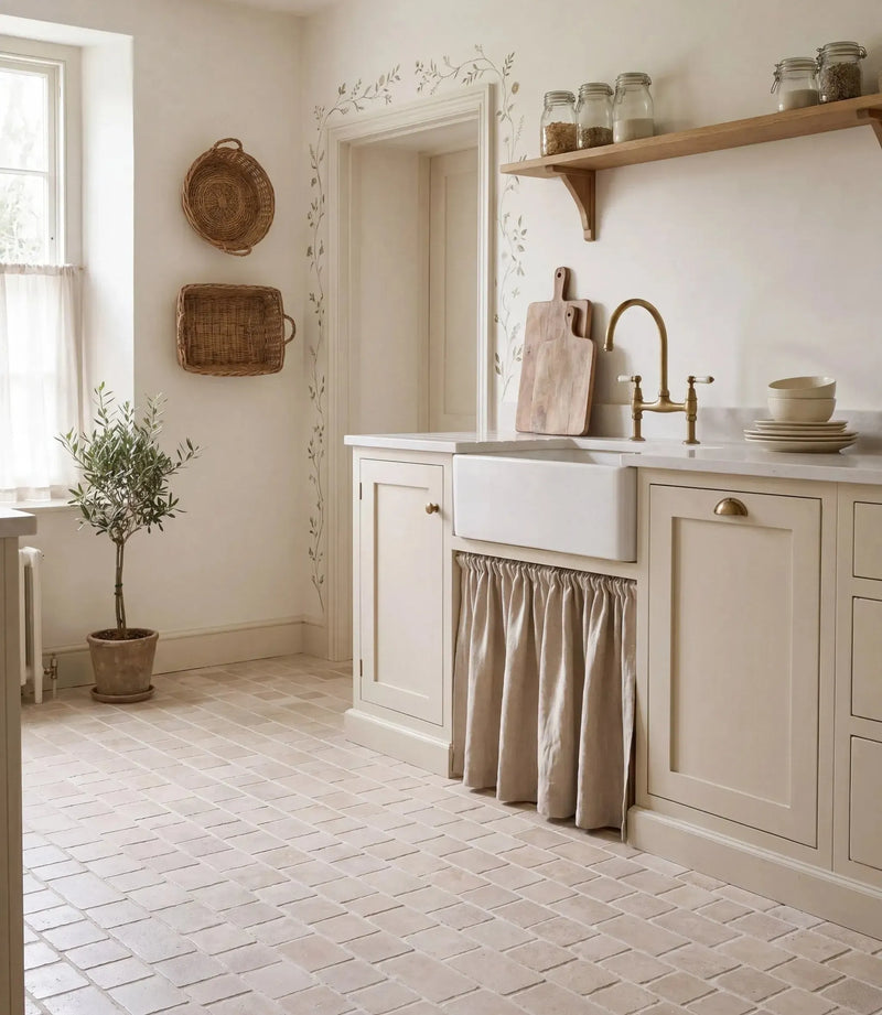 country house prescored cobbles 60cm x 40cm country house prescored cobbles tiles on a pantry kitchen floor with a butler sink and linen curtain
