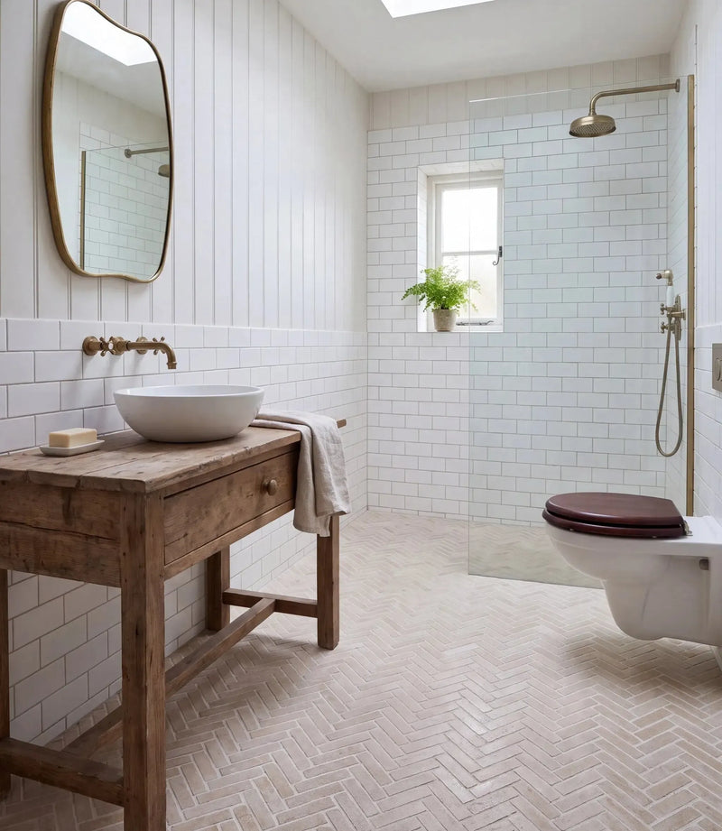 country house prescored herringbone 60cm x 40cm country house prescored herringbone tiles on a bathroom floor with a rustic wooden vanity and walk in shower