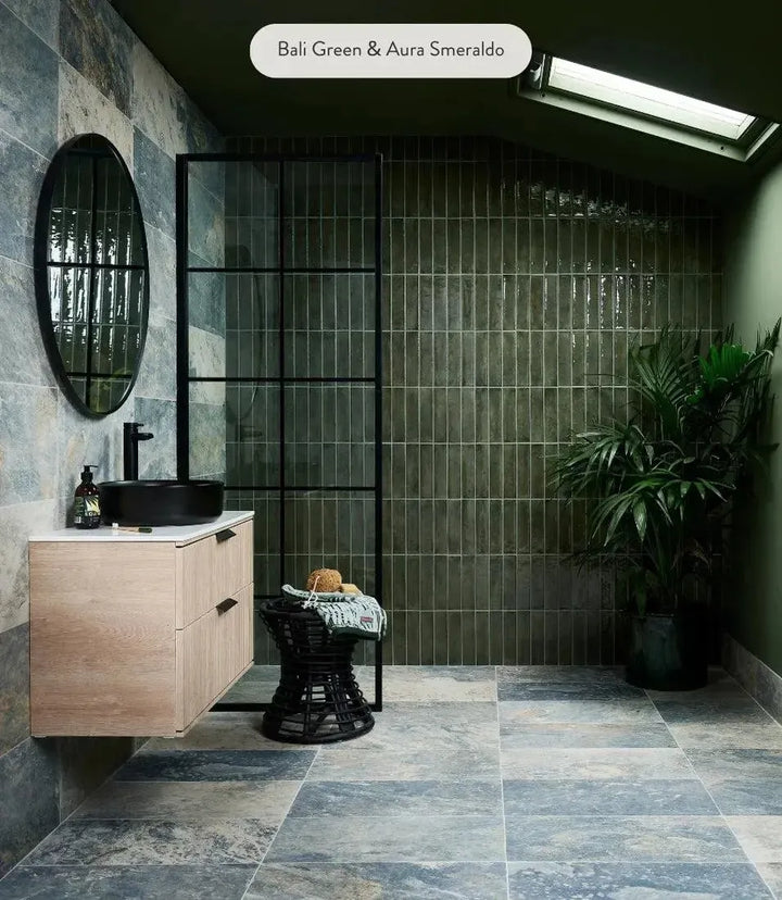 curated-aura-smeraldo-6cm-x-25cm | Designer Basics Bali Moss 29 5cm X 60cm by Baked Tiles featured in a luxury bathroom
