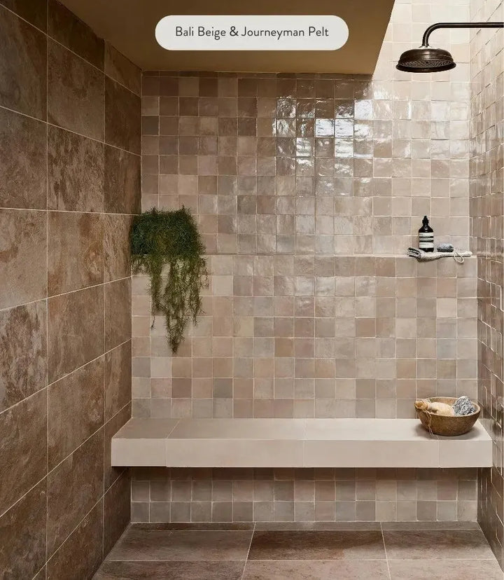 journeyman-zellige-pelt | Designer Basics Bali Sand 29cm X 60cm by Baked Tiles featured in a luxury bathroom