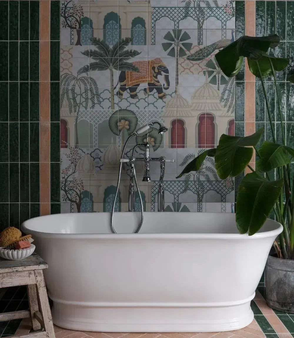  Empire Mural Stone by Baked Tiles featured in a luxury bathroom