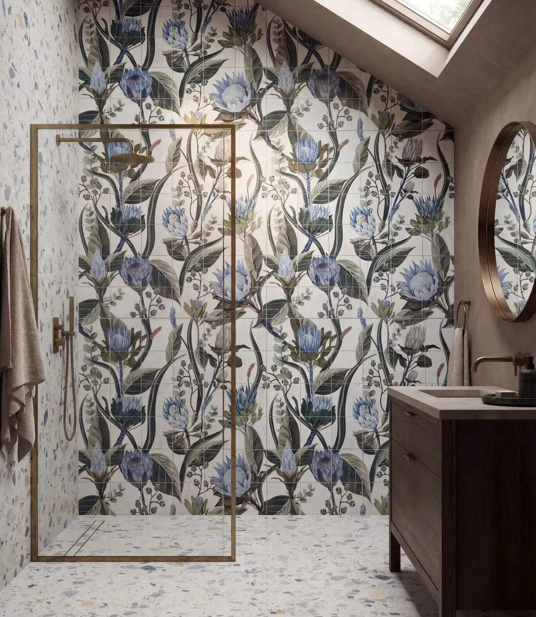 grain blue botanical mural 20cm x 20cm floor tile