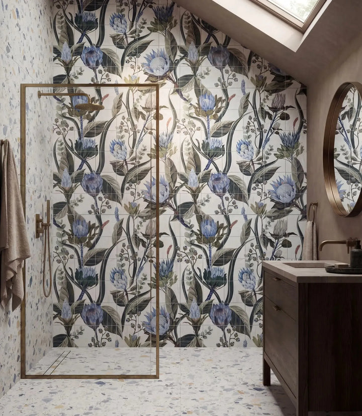 grain blue botanical mural 20cm x 20cm floor tile