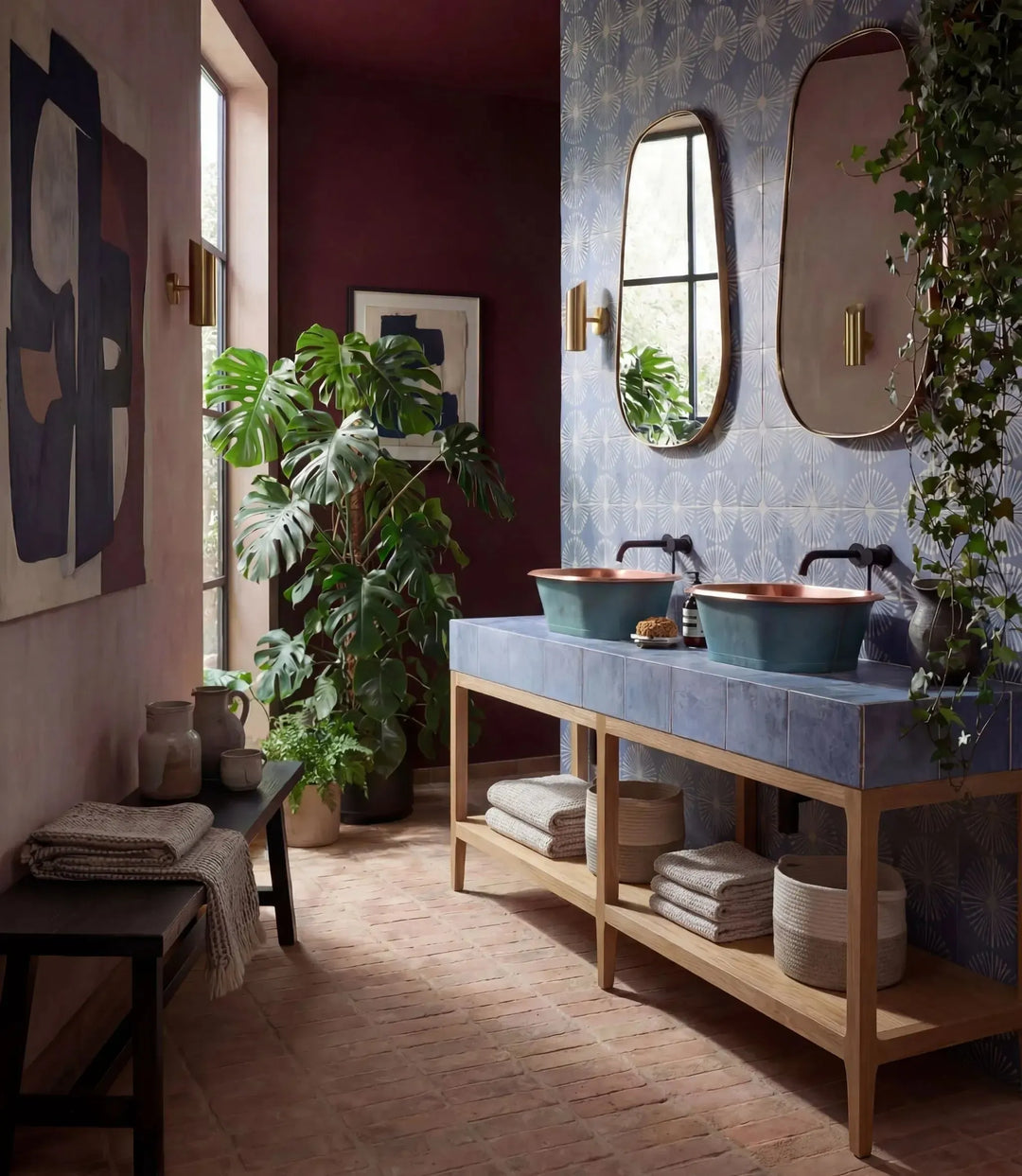 Havana-Nights-Fan-Indigo-20cm-x-20cm, Baked-Real-Terracotta-Parquet-30.5cm-x-7.5cm | wall & floor tiles