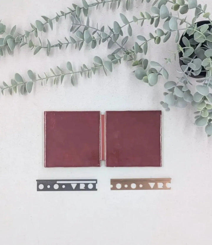 kerakoll-fugabella-color-grout-40-tuscan-beige-3kg, 12mm-l-shape-soft-copper-tile-trim-2-5m-length, 12mm-l-shape-matt-grey-tile-trim-2-5m-length | Baked Tiles