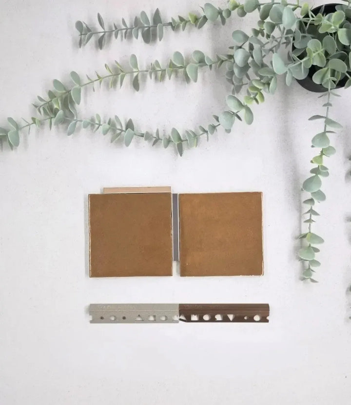 kerakoll-fugabella-color-grout-30-manilla-3kg, kerakoll-fugabella-color-grout-36-warm-silver-3kg, 12mm-l-shape-light-grey-tile-trim-2-5m-length, 12mm-l-shape-soft-copper-tile-trim-2-5m-length | Baked Tiles