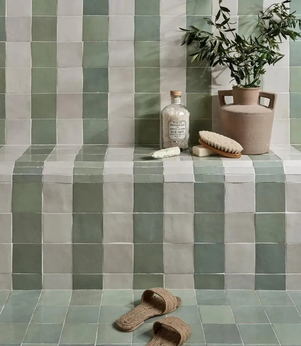 journeyman zellige mint 10cm x 10cm journeyman zellige mint by baked tiles featured in a luxury bathroom