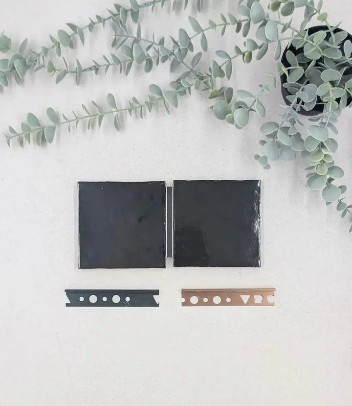 kerakoll-fugabella-color-grout-11-anthracite-3kg, 12mm-l-shape-matt-black-tile-trim-2-5m-length, 12mm-l-shape-soft-copper-tile-trim-2-5m-length | Baked Tiles