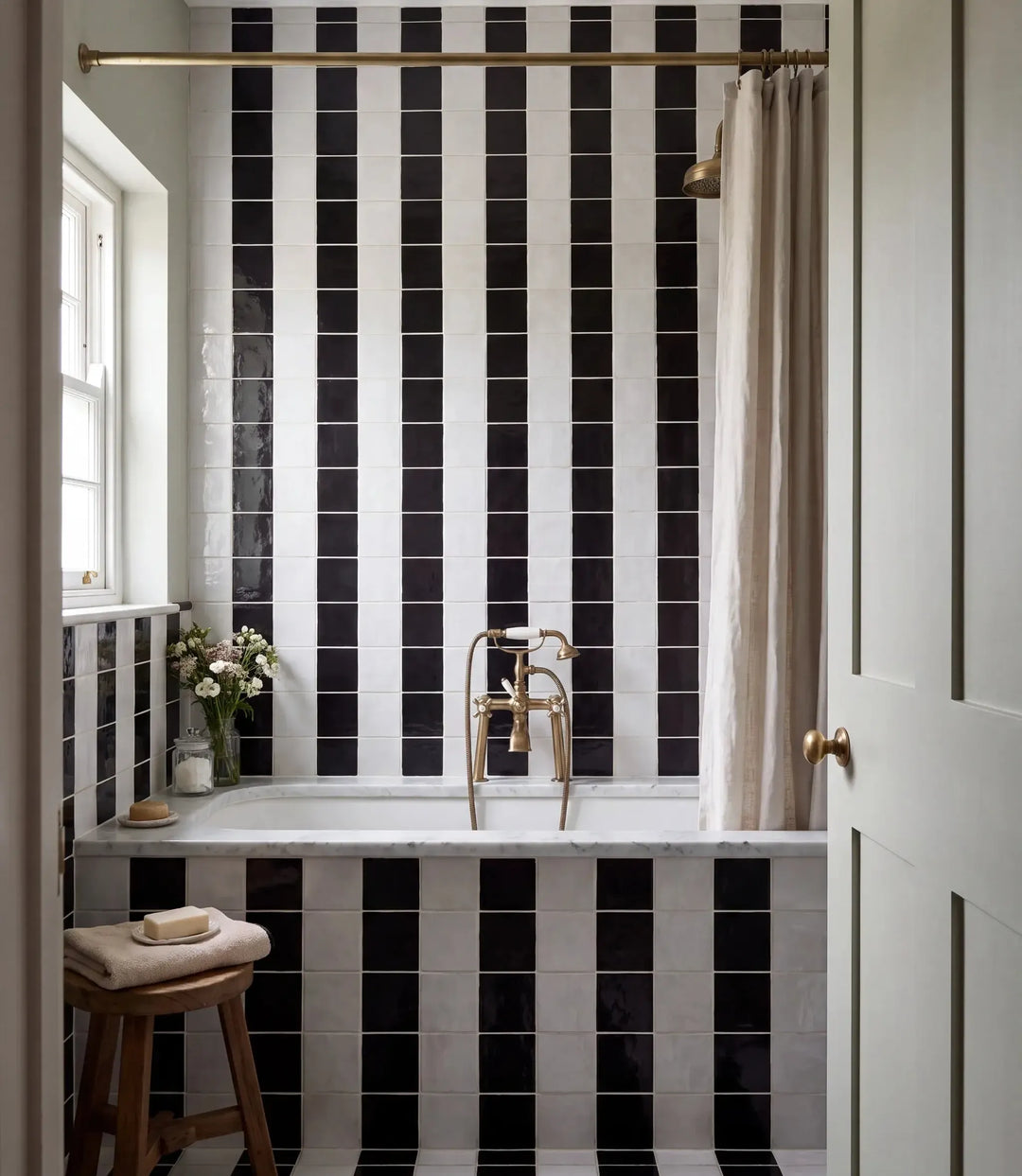 journeyman zellige nero 10cm x 10cm journeyman zellige nero and white striped bathroom with brass fittings