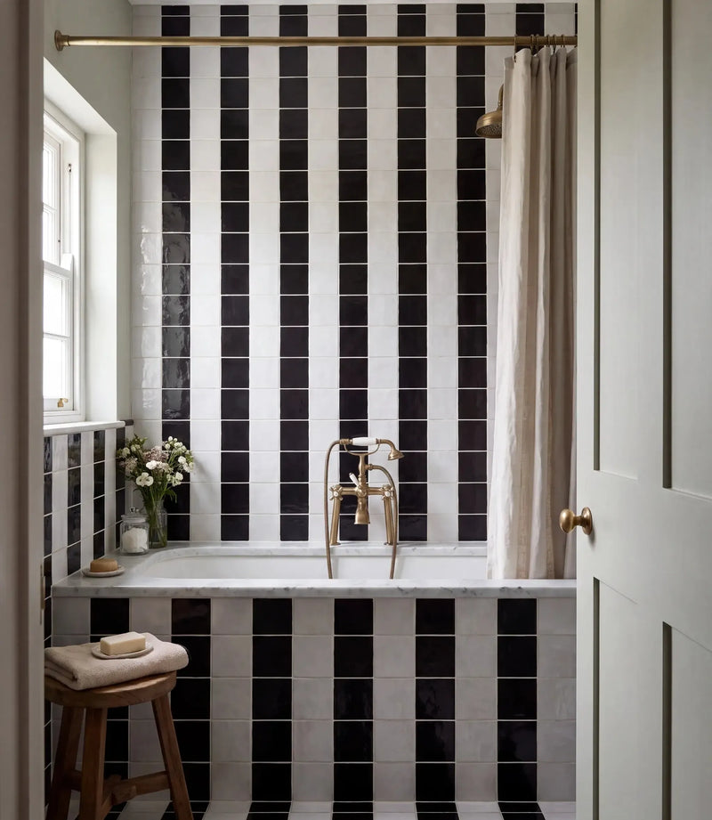 journeyman zellige nero 10cm x 10cm journeyman zellige nero and white striped bathroom with brass fittings