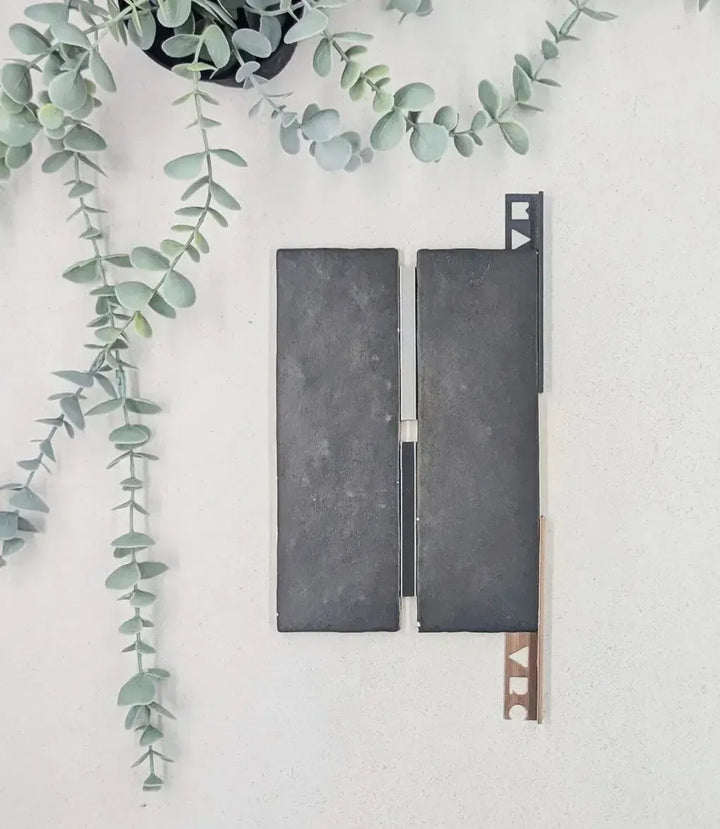 kerakoll-fugabella-color-grout-04-soft-shadow-3kg, kerakoll-fugabella-color-grout-11-anthracite-3kg, 12mm-l-shape-matt-grey-tile-trim-2-5m-length, 12mm-l-shape-soft-copper-tile-trim-2-5m-length | Baked Tiles