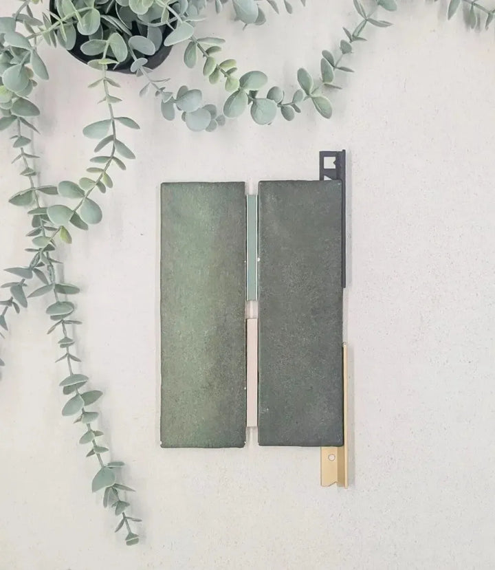 kerakoll-fugabella-color-grout-43-sand-stone-beige-3kg, kerakoll-fugabella-color-grout-19-olive-3kg, 12mm-l-shape-aluminium-matt-brass-tile-trim-2-5m-length, 12mm-l-shape-matt-grey-tile-trim-2-5m-length | Baked Tiles