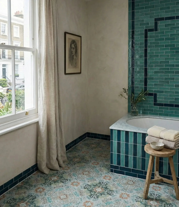 Khadi-Earthen-22.5cm-x-22.5cm, Little-Bricks-Gloss-Blue-5cm-x-15cm | wall tiles