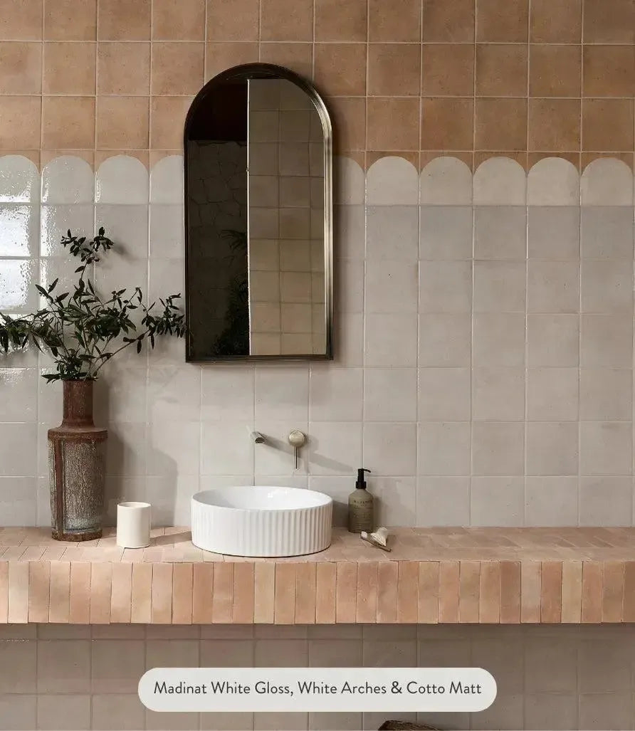  Madinat White Arches Porcelain by Baked Tiles featured in a luxury bathroom