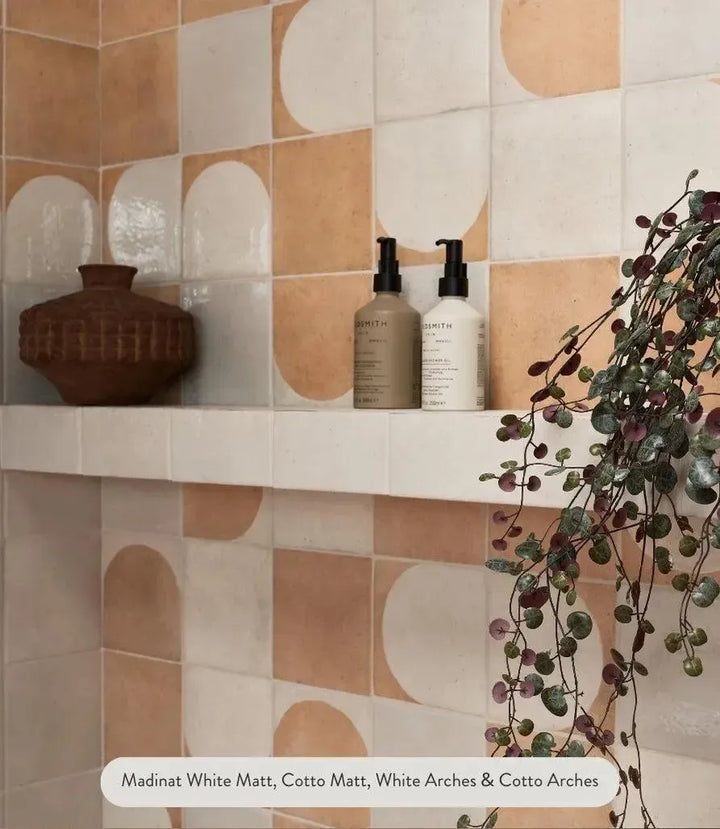 madinat-cotto-arches-porcelain-15cm-x-15xm, madinat-cotto-matt-porcelain-15cm-x-15xm, madinat-white-matt-porcelain-15cm-x-15xm | Madinat White Arches Porcelain by Baked Tiles featured in a luxury bathroom