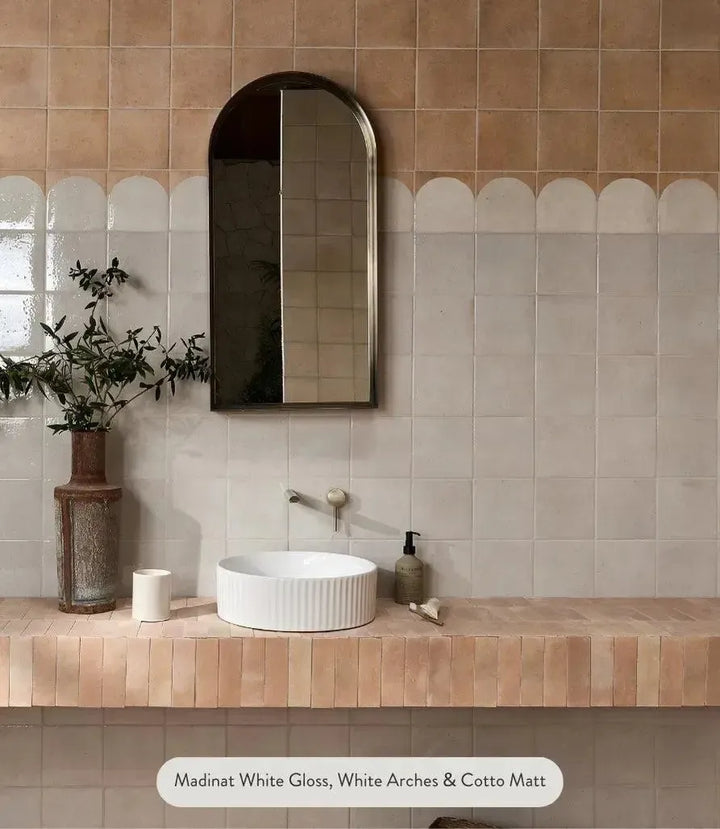 madinat-white-arches-porcelain-15cm-x-15xm, madinat-cotto-matt-porcelain-15cm-x-15xm, marrakesh-brick-dark-matt-5cm-x-15cm | Madinat White Gloss Porcelain by Baked Tiles featured in a luxury bathroom