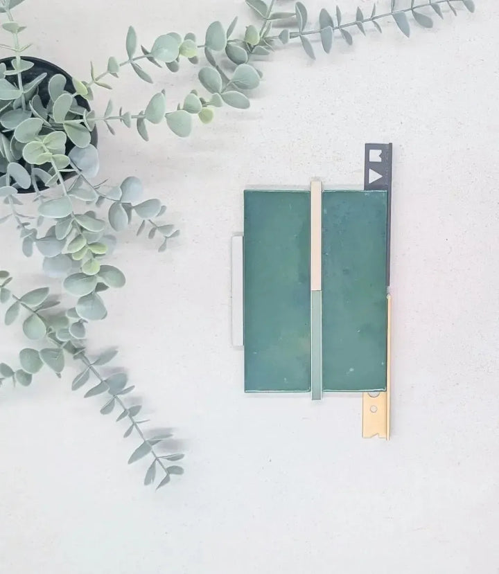 12mm-l-shape-aluminium-matt-brass-tile-trim-2-5m-length, 12mm-l-shape-matt-grey-tile-trim-2-5m-length, kerakoll-fugabella-color-grout-19-olive-3kg, kerakoll-fugabella-color-grout-43-sand-stone-beige-3kg, kerakoll-fugabella-color-grout-04-soft-shadow-3kg | Baked Tiles