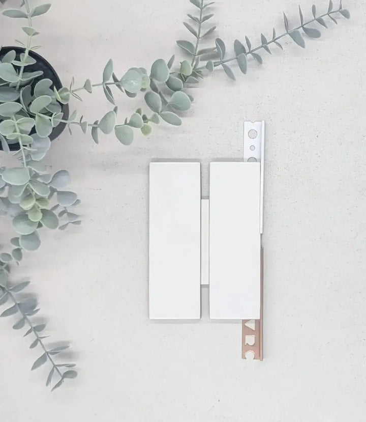 kerakoll-fugabella-color-grout-02-warm-white-3kg, 12mm-l-shape-soft-copper-tile-trim-2-5m-length, 12mm-l-shape-brilliant-white-tile-trim-2-5m-length | Baked Tiles