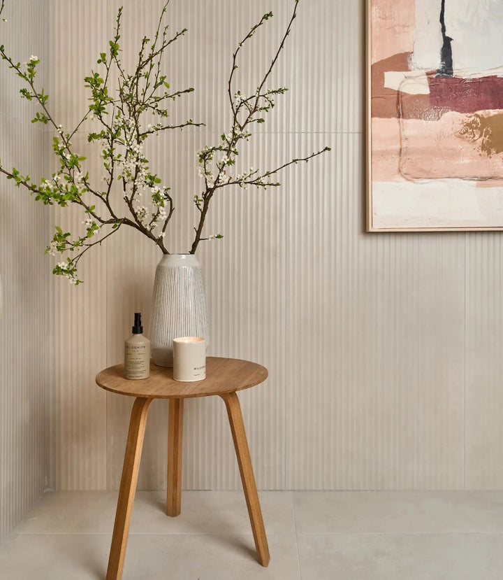 curated-modul-cement-90cm-x-90cm | Curated Modul Cement Linear Decor by Baked Tiles featured in a luxury bathroom