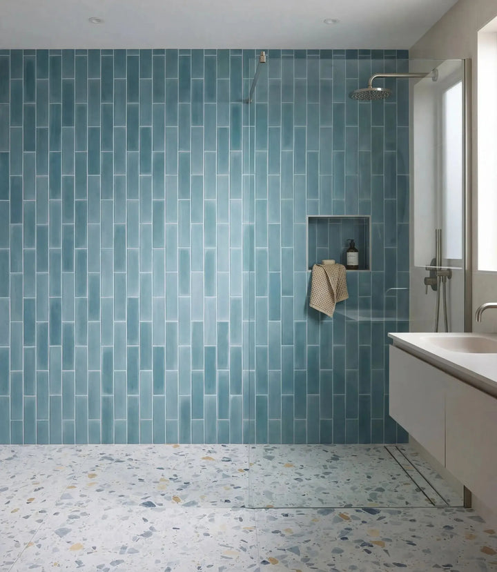 muted brick aqua 28cm x 7cm floor tile