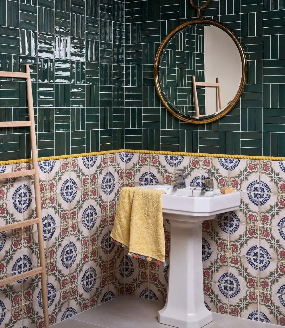 curated-delicato-margharita-20cm-x-20cm, curated-little-bricks-gloss-green-5cm-x-15cm | Curated Paintable Bobbin Trims by Baked Tiles featured in a luxury bathroom