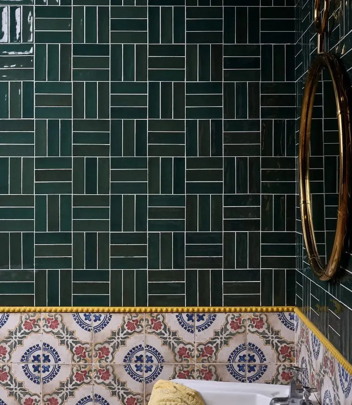 curated-delicato-margharita-20cm-x-20cm, curated-little-bricks-gloss-green-5cm-x-15cm | Curated Paintable Bobbin Trims by Baked Tiles featured in a luxury bathroom