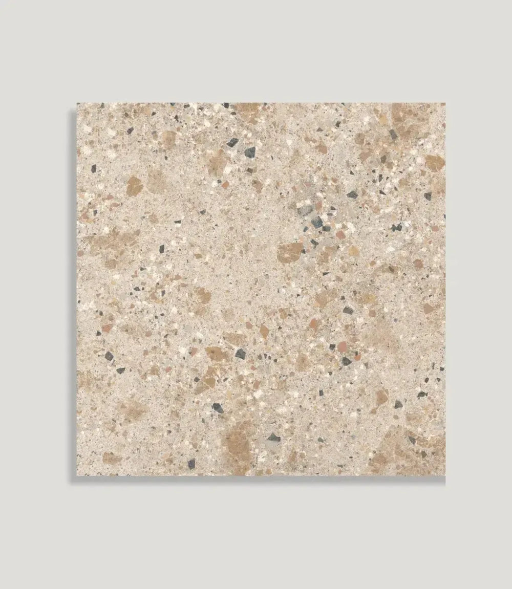 curated-candy-stripe-sage-20-x-20cm | Curated Pastello Terrazzo Camel by Baked Tiles featured in a luxury bathroom