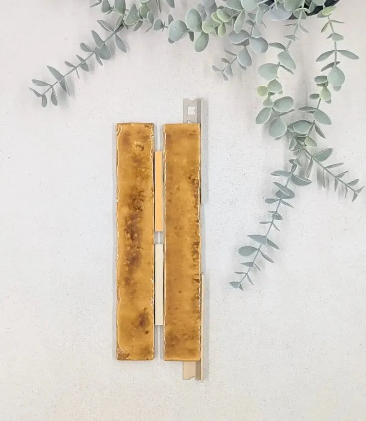 kerakoll-fugabella-color-grout-27-mustard-3kg, kerakoll-fugabella-color-grout-25-bath-stone-3kg, 12mm-l-shape-aluminium-matt-brass-tile-trim-2-5m-length, 12mm-l-shape-sandstone-tile-trim-2-5m-length | Baked Tiles