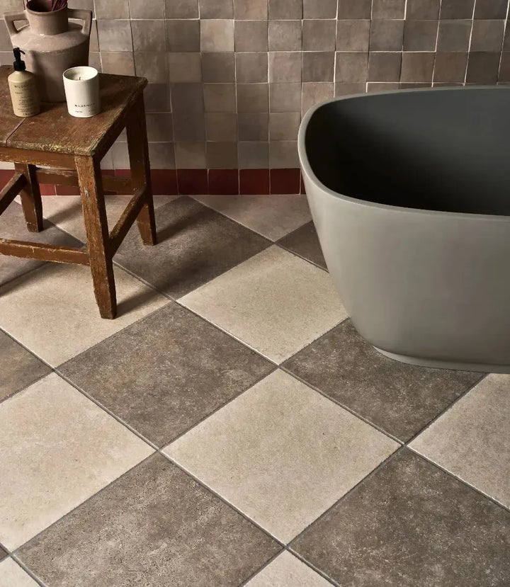 journeyman-zellige-pelt, curated-ravello-beige-satin-40cm-x-40cm | Curated Ravello Grigio Satin by Baked Tiles featured in a luxury bathroom