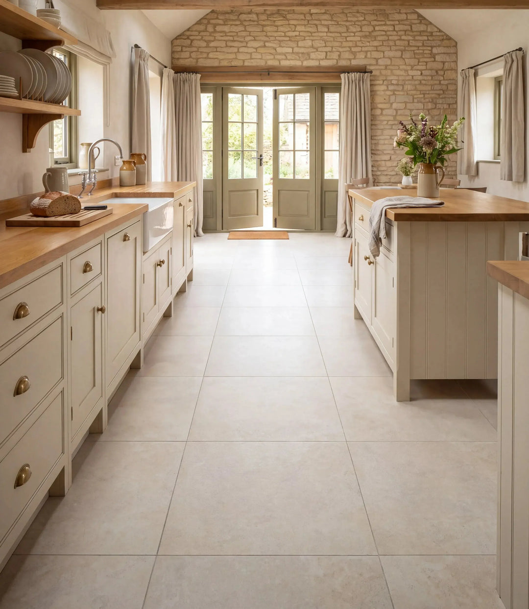 reynoldston satin 60cm x 60cm porcelain floor tiles laid in a country kitchen with cream shaker cabinetry oak worktops and a cotswold stone gable wall