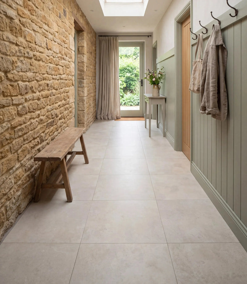reynoldston satin 60cm x 60cm porcelain floor tiles in a boot room hallway with exposed stone wall sage green panelling and a rustic bench