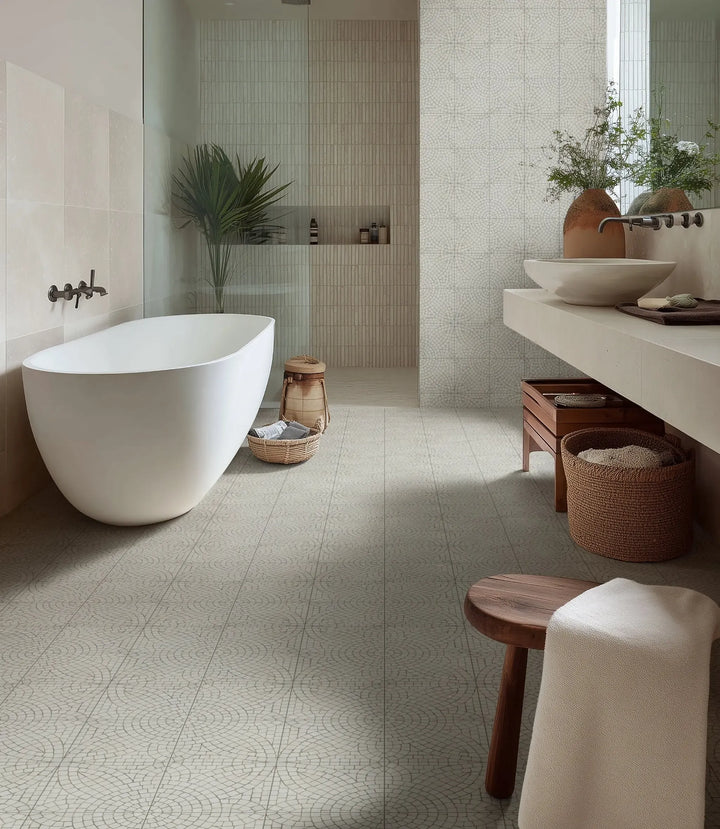 rapture-gloss-stone-3-8-x-23-5cm, designer-basics-flow-white-60-x-60cm | Baked Tiles