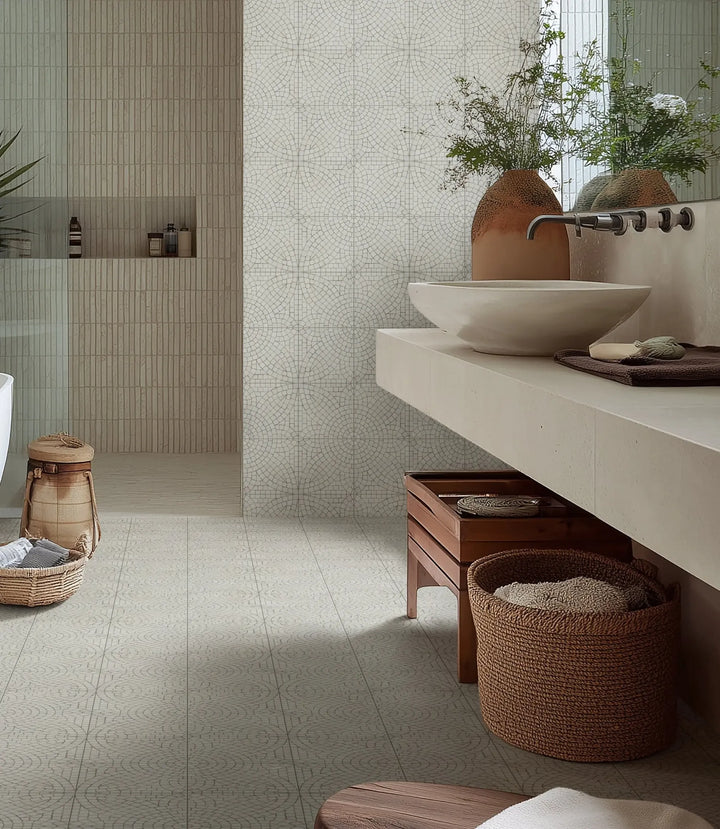 rapture-gloss-stone-3-8-x-23-5cm, designer-basics-flow-white-60-x-60cm | Baked Tiles