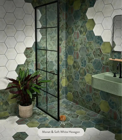 soft white hexagon 24 5cm x 21 5cm curated shadow white hexagon 24cm x 21cm by baked tiles featured in a luxury bathroom
