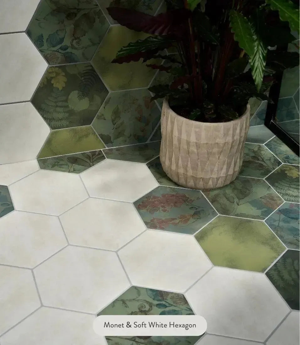  Curated Shadow White Hexagon 24cm X 21cm by Baked Tiles featured in a beautiful interior