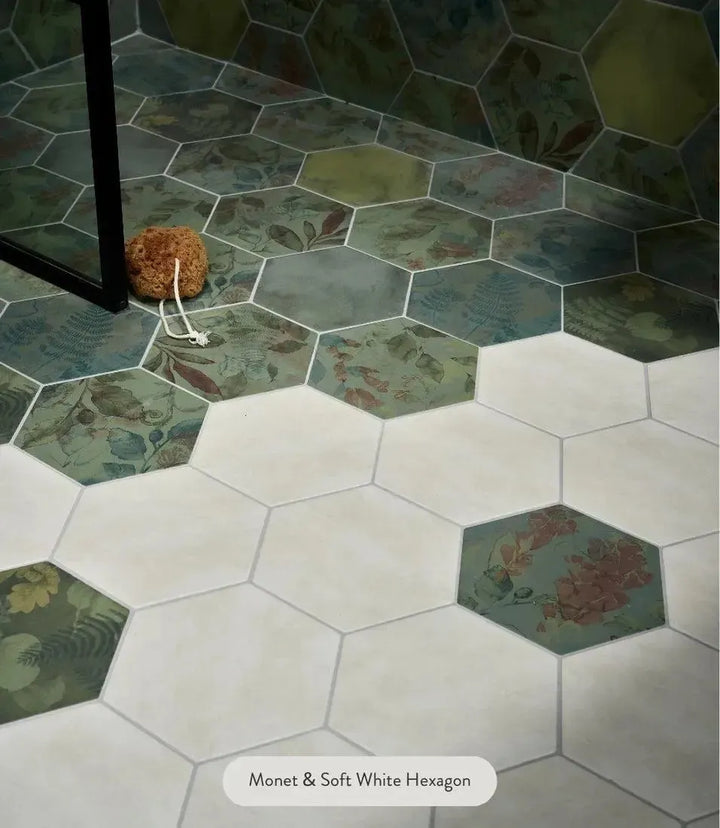 curated-monet-24-5cm-x-21-5cm | Curated Shadow White Hexagon 24cm X 21cm by Baked Tiles featured in a luxury bathroom