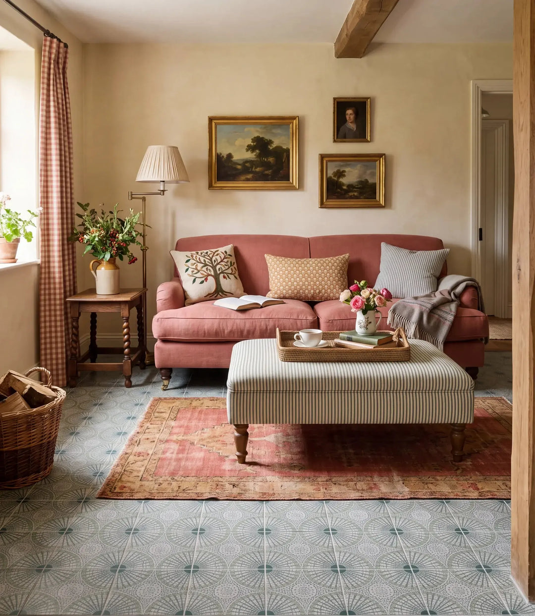 solstice green 20 x 20cm solstice green tiles on a cottage sitting room floor with pink linen sofa striped ottoman faded rug and oak beam