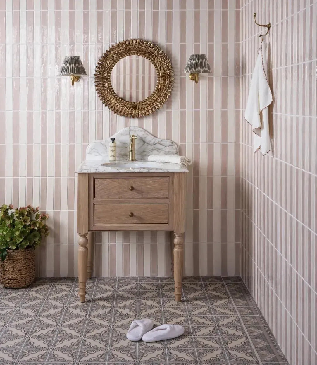 Traditional British Style, Pink And Grey Cloakroom